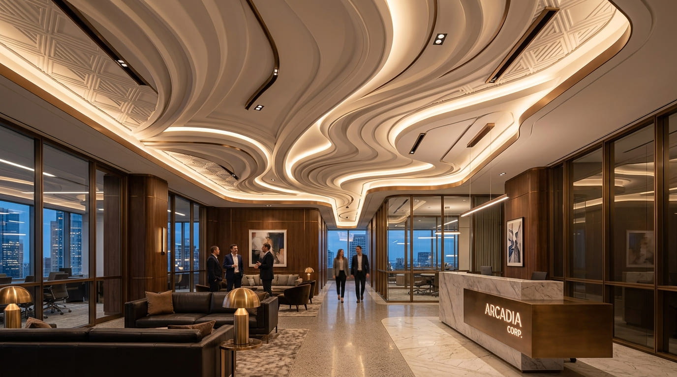 Luxury commercial interior fit-out, decorative architectural plasterwork, and turnkey GRG ceiling contracting installation in Doha, Qatar